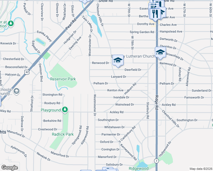 map of restaurants, bars, coffee shops, grocery stores, and more near 8305 Pelham Drive in Parma