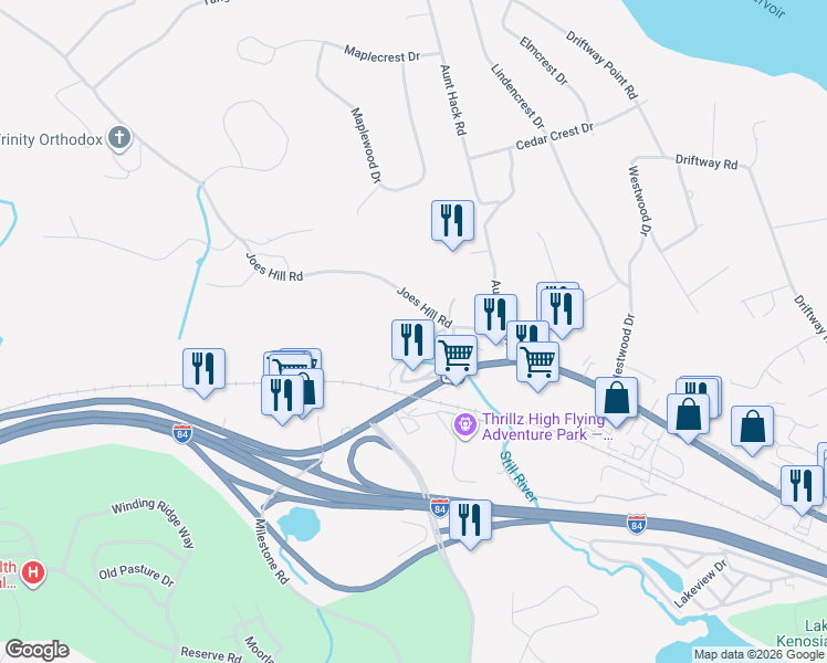 map of restaurants, bars, coffee shops, grocery stores, and more near 4 Joes Hill Rd in Danbury