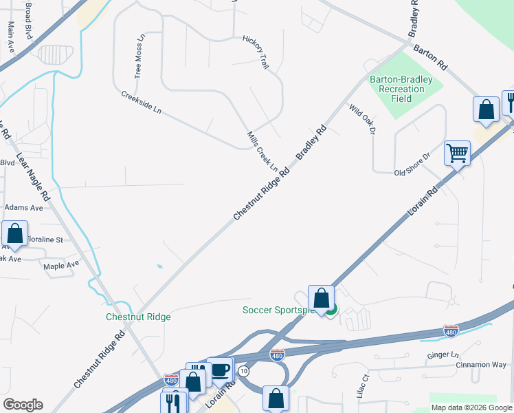map of restaurants, bars, coffee shops, grocery stores, and more near 31705-32749 Chestnut Ridge Road in North Ridgeville