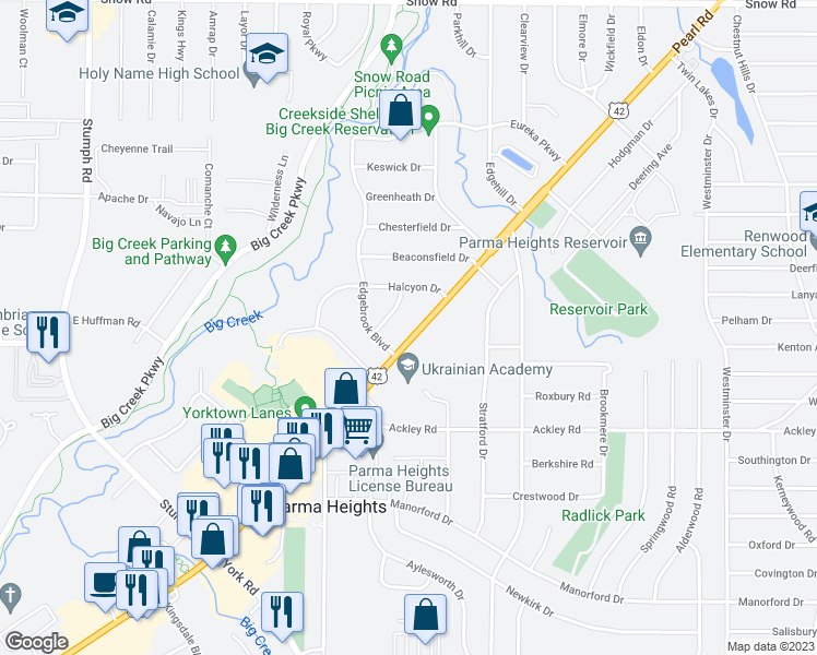map of restaurants, bars, coffee shops, grocery stores, and more near 6120 Pearl Road in Parma Heights