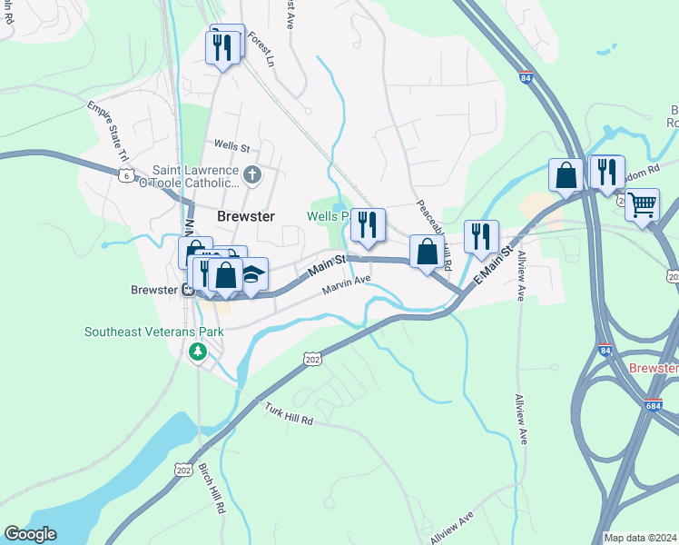 map of restaurants, bars, coffee shops, grocery stores, and more near 72 Marvin Avenue in Brewster