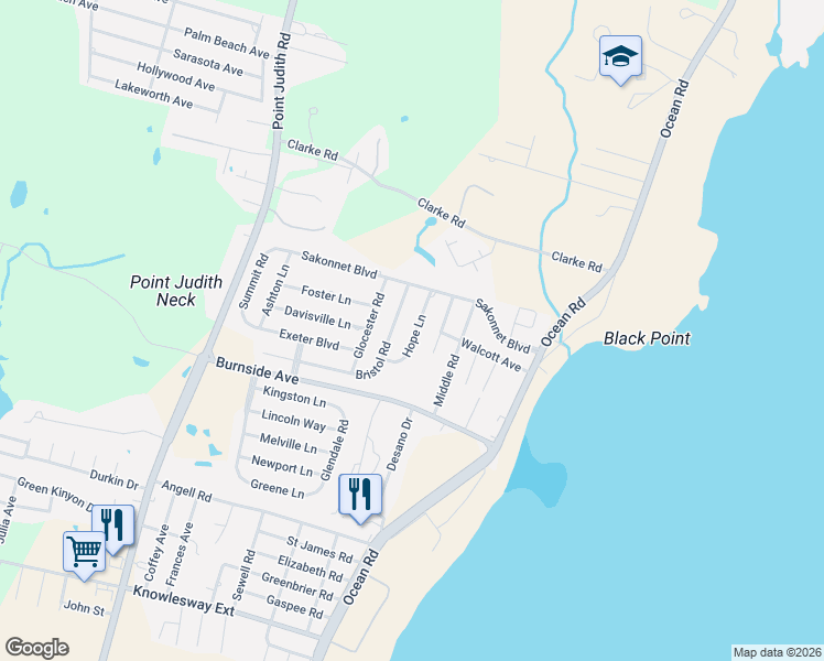 map of restaurants, bars, coffee shops, grocery stores, and more near 19 Hope Lane in Narragansett