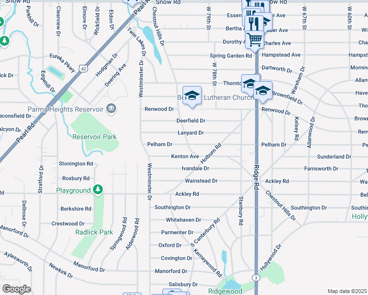 map of restaurants, bars, coffee shops, grocery stores, and more near 8109 Pelham Drive in Parma