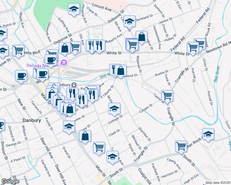 map of restaurants, bars, coffee shops, grocery stores, and more near 88 Sheridan Street in Danbury