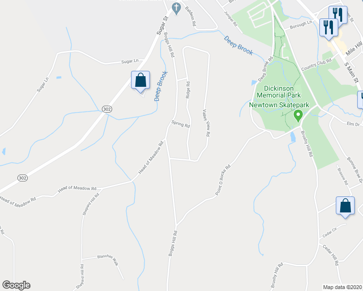 map of restaurants, bars, coffee shops, grocery stores, and more near 4 Ridge Road in Newtown