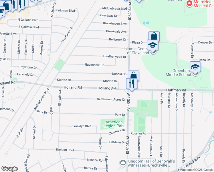 map of restaurants, bars, coffee shops, grocery stores, and more near 13628 Holland Road in Brook Park