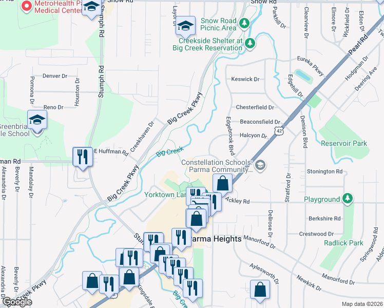 map of restaurants, bars, coffee shops, grocery stores, and more near 10620 Notabene Drive in Parma Heights