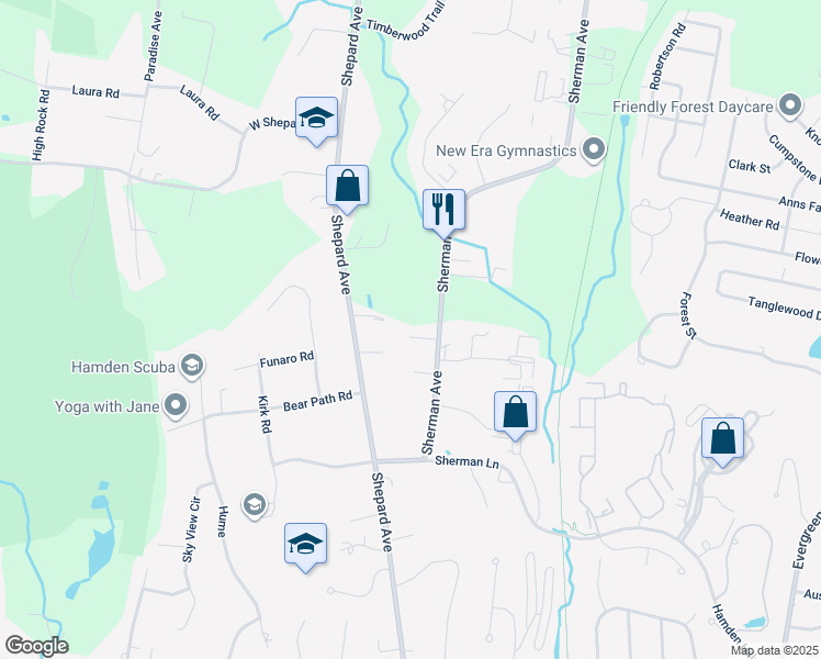 map of restaurants, bars, coffee shops, grocery stores, and more near 1135 Sherman Avenue in Hamden