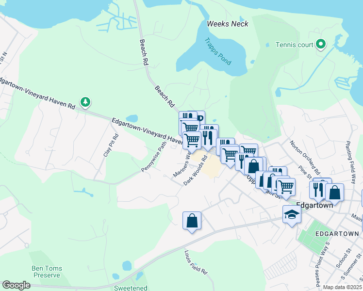 map of restaurants, bars, coffee shops, grocery stores, and more near 258 Edgartown-Vineyard Haven Road in Edgartown
