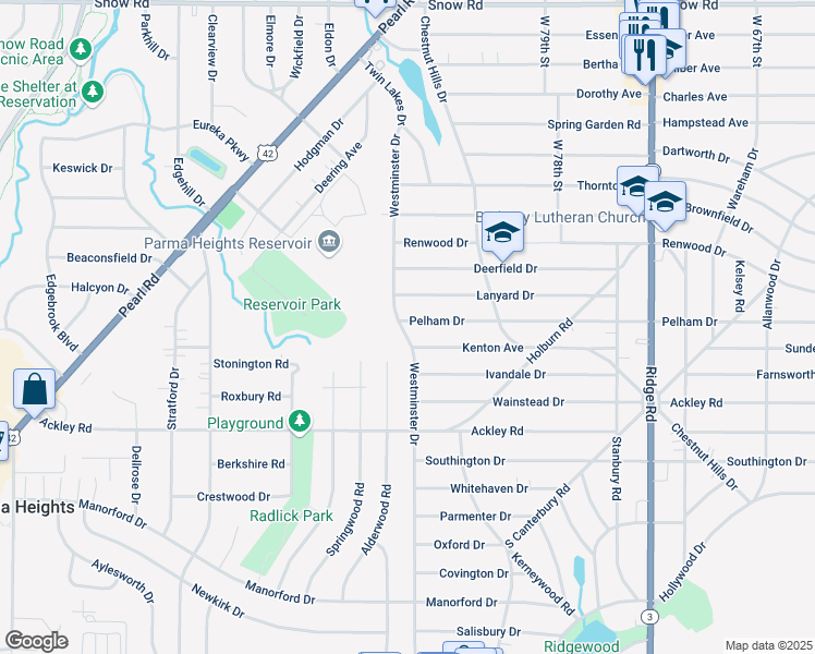 map of restaurants, bars, coffee shops, grocery stores, and more near 8427 Pelham Drive in Parma