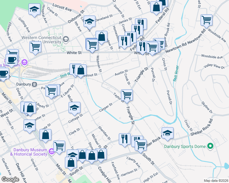 map of restaurants, bars, coffee shops, grocery stores, and more near 65 Wildman Street in Danbury