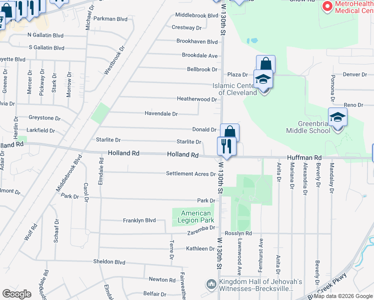 map of restaurants, bars, coffee shops, grocery stores, and more near 13628 Holland Road in Brook Park