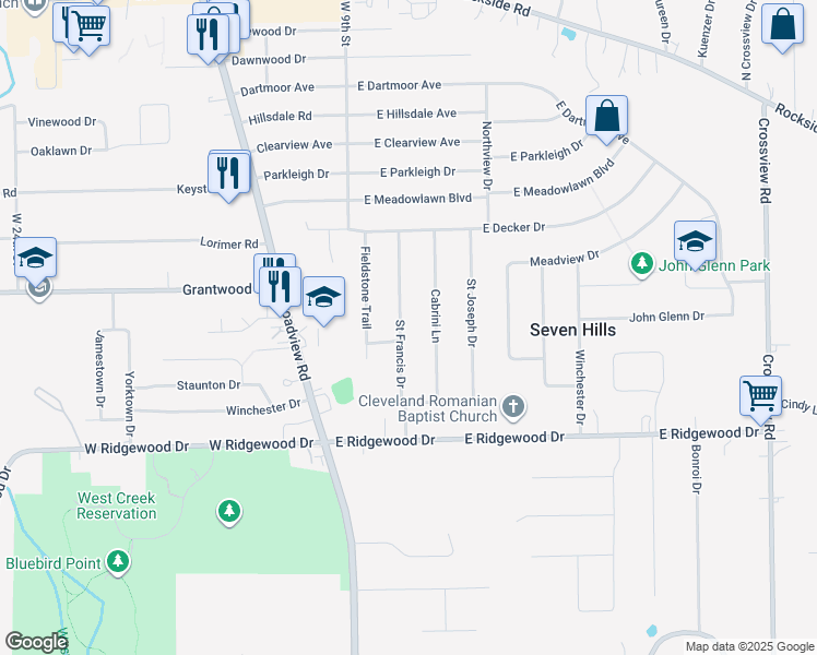 map of restaurants, bars, coffee shops, grocery stores, and more near 6187 Saint Francis Drive in Seven Hills