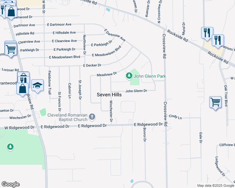 map of restaurants, bars, coffee shops, grocery stores, and more near 948 John Glenn Drive in Seven Hills