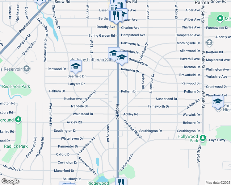 map of restaurants, bars, coffee shops, grocery stores, and more near 6184 Ridge Road in Parma