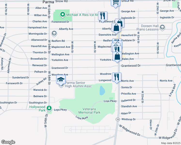 map of restaurants, bars, coffee shops, grocery stores, and more near 4420 Woodrow Avenue in Parma