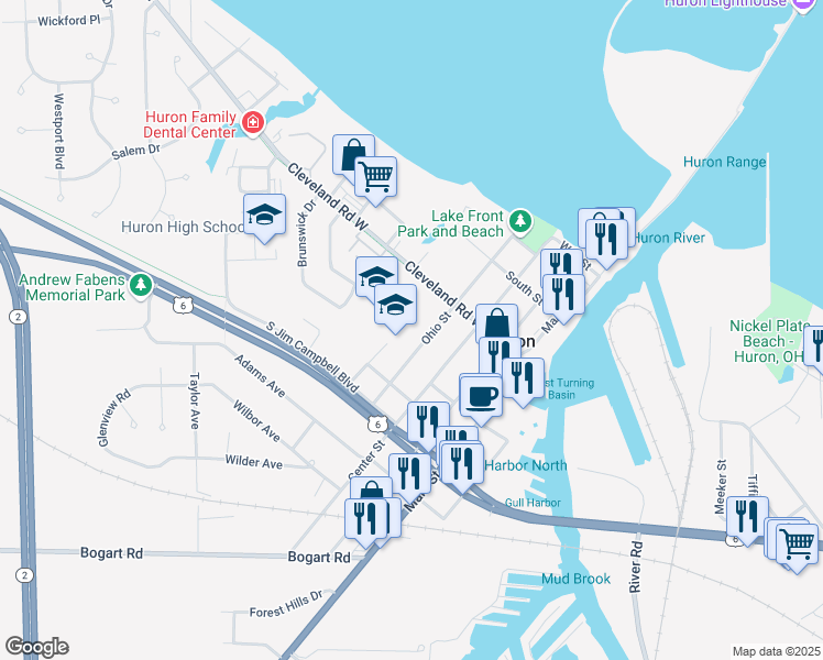 map of restaurants, bars, coffee shops, grocery stores, and more near 325 Ohio Street in Huron