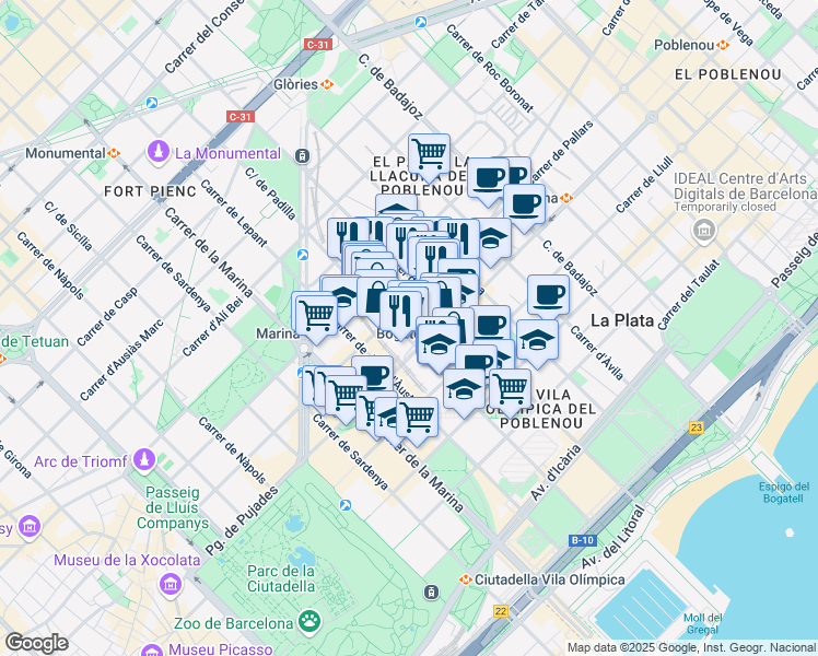 map of restaurants, bars, coffee shops, grocery stores, and more near 70 Carrer de Zamora in Barcelona