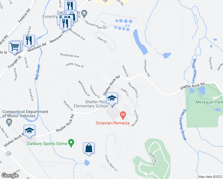 map of restaurants, bars, coffee shops, grocery stores, and more near 1 Crestview Lane in Danbury