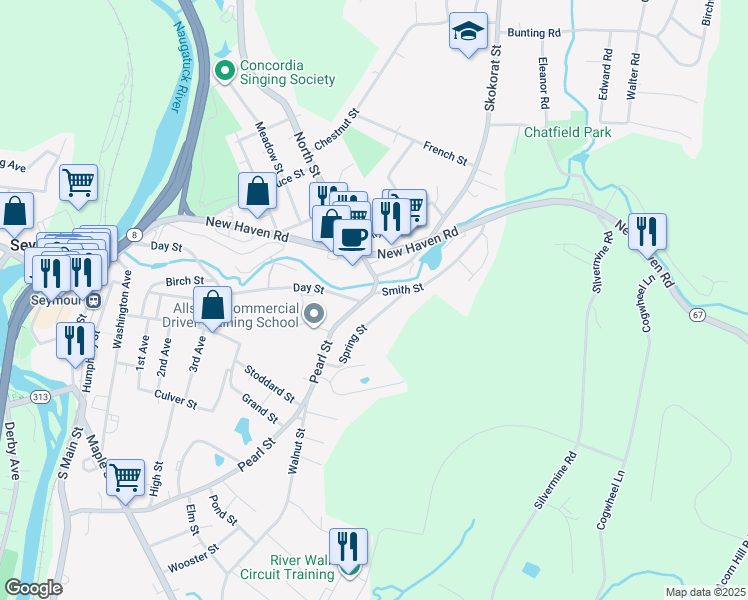 map of restaurants, bars, coffee shops, grocery stores, and more near 290 Pearl Street in Seymour