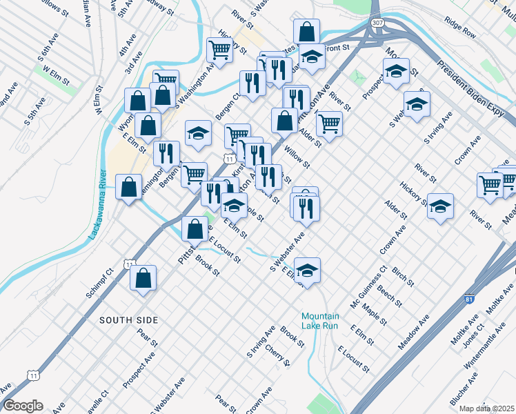 map of restaurants, bars, coffee shops, grocery stores, and more near 529 Maple Street in Scranton