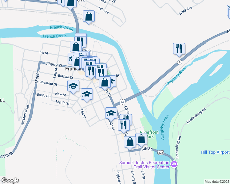 map of restaurants, bars, coffee shops, grocery stores, and more near 1105 Elk Street in Franklin