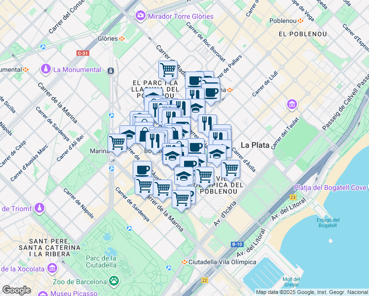 map of restaurants, bars, coffee shops, grocery stores, and more near 64 Carrer de Pamplona in Barcelona