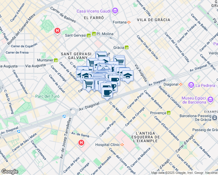 map of restaurants, bars, coffee shops, grocery stores, and more near 197 Carrer d'Aribau in Barcelona