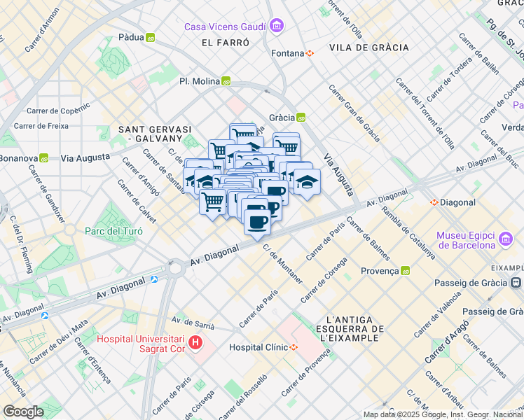 map of restaurants, bars, coffee shops, grocery stores, and more near 197 Carrer d'Aribau in Barcelona