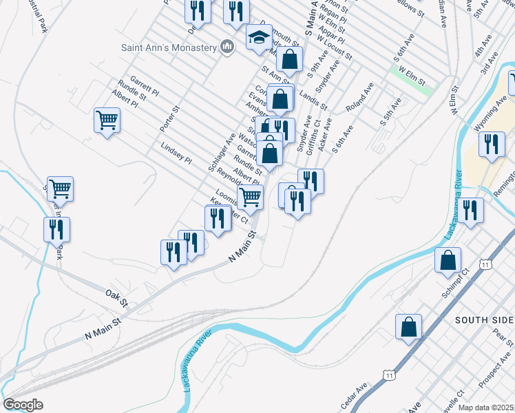 map of restaurants, bars, coffee shops, grocery stores, and more near 1101 Lindsey Place in Scranton