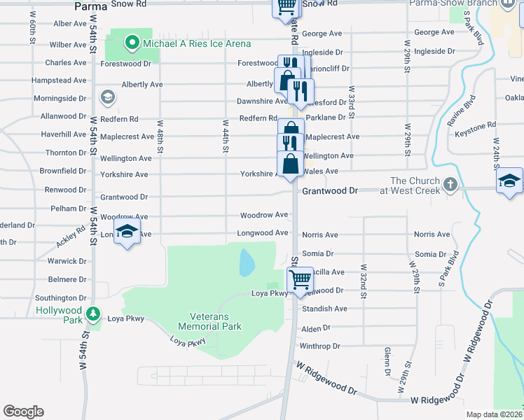 map of restaurants, bars, coffee shops, grocery stores, and more near 4002 Woodrow Ave in Parma
