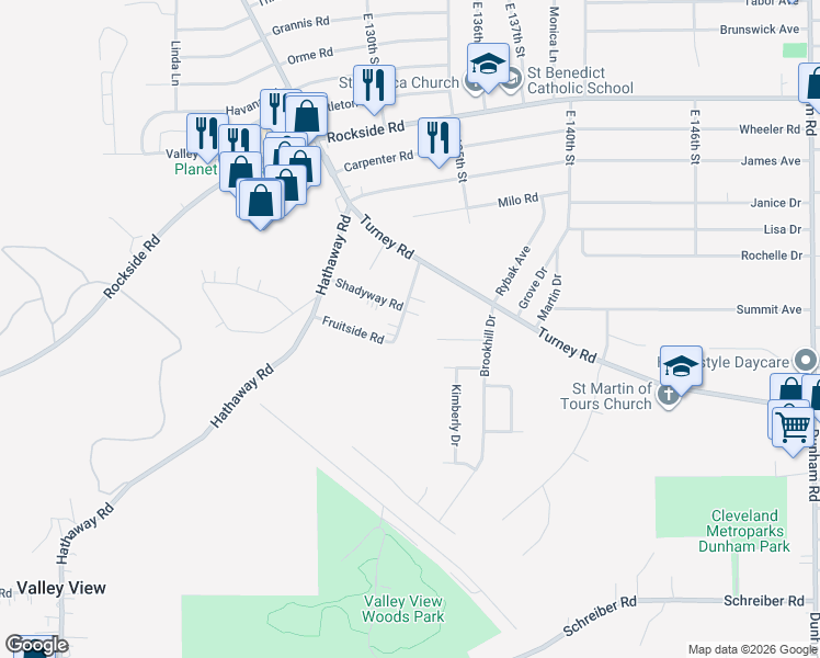 map of restaurants, bars, coffee shops, grocery stores, and more near 6351 Meadowbrook Road in Garfield Heights