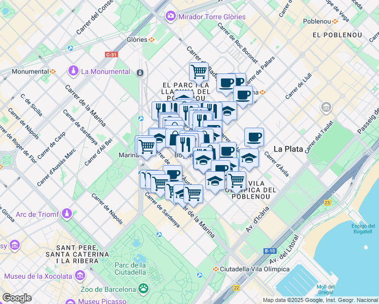 map of restaurants, bars, coffee shops, grocery stores, and more near 70 Carrer de Zamora in Barcelona