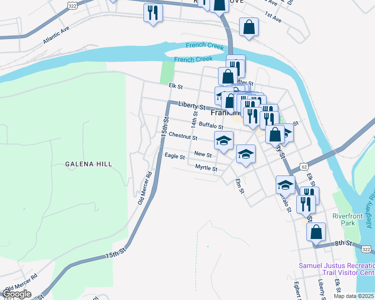 map of restaurants, bars, coffee shops, grocery stores, and more near 624 14th St in Franklin