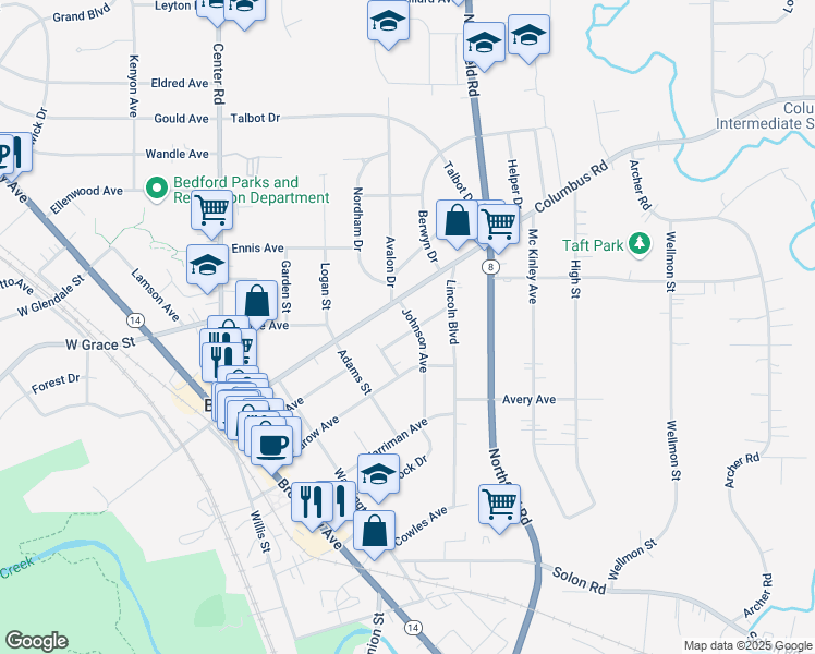 map of restaurants, bars, coffee shops, grocery stores, and more near 662 Johnson Avenue in Bedford