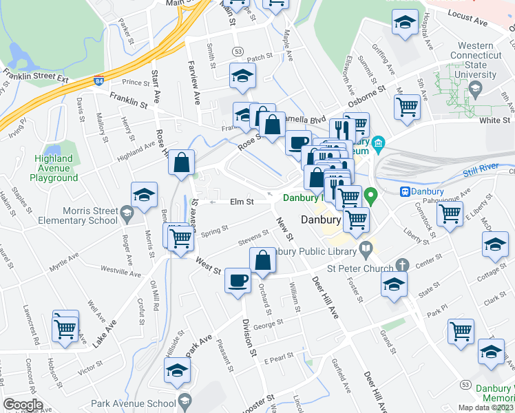 map of restaurants, bars, coffee shops, grocery stores, and more near 76 Elm Street in Danbury