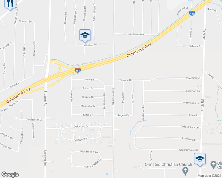 map of restaurants, bars, coffee shops, grocery stores, and more near 6544 MacKenzie Rd in North Olmsted