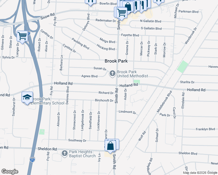 map of restaurants, bars, coffee shops, grocery stores, and more near 15351 Holland Road in Brook Park