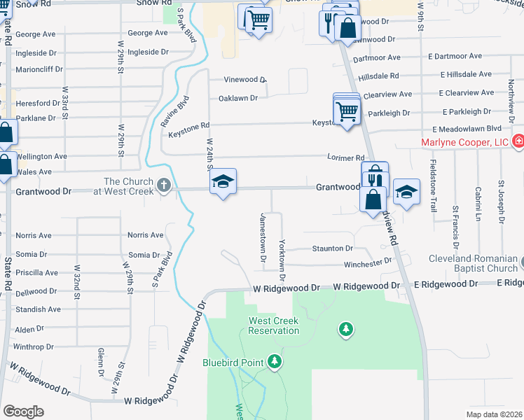 map of restaurants, bars, coffee shops, grocery stores, and more near 6180 Jamestown Drive in Parma