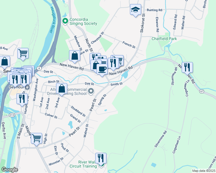 map of restaurants, bars, coffee shops, grocery stores, and more near 290 Pearl Street in Seymour