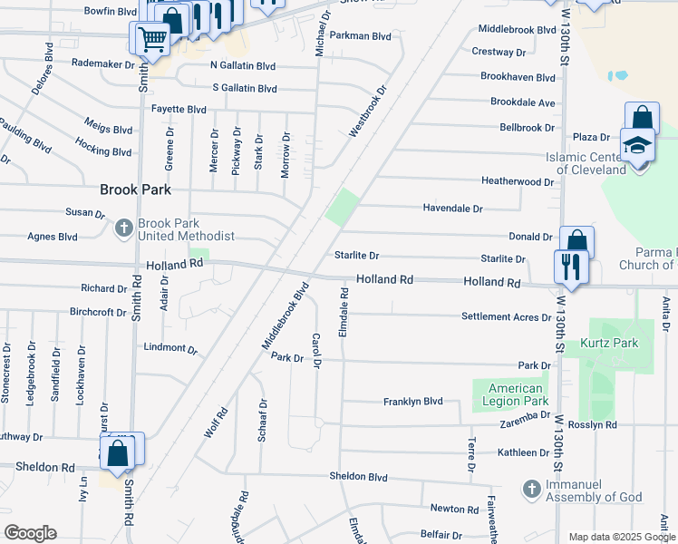 map of restaurants, bars, coffee shops, grocery stores, and more near 14206 Holland Road in Brook Park