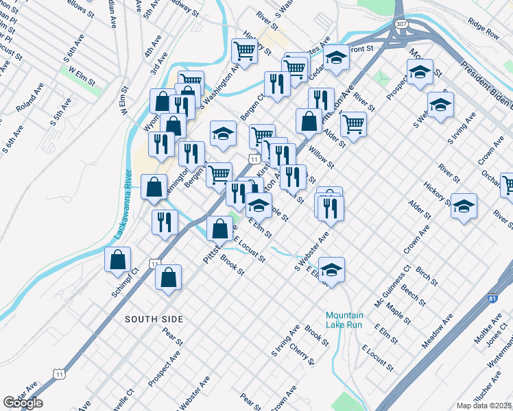 map of restaurants, bars, coffee shops, grocery stores, and more near 1011 Pittston Avenue in Scranton
