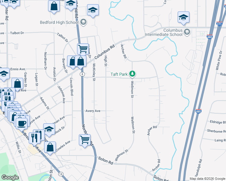 map of restaurants, bars, coffee shops, grocery stores, and more near 759 High St in Bedford