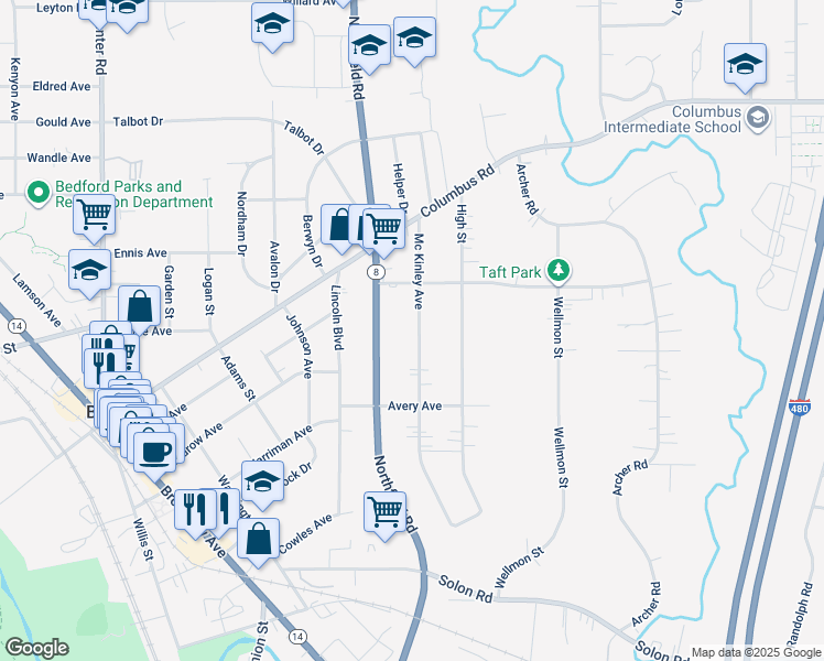 map of restaurants, bars, coffee shops, grocery stores, and more near 732 Mc Kinley Avenue in Bedford
