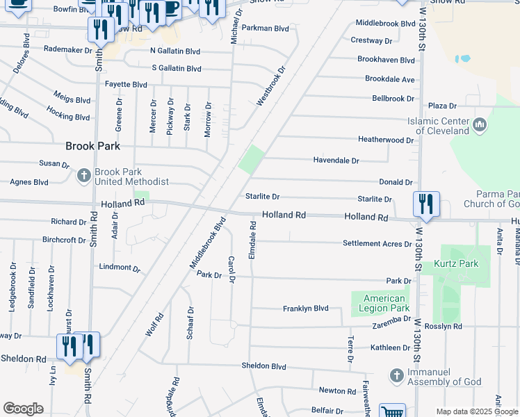 map of restaurants, bars, coffee shops, grocery stores, and more near 14206 Holland Road in Brook Park