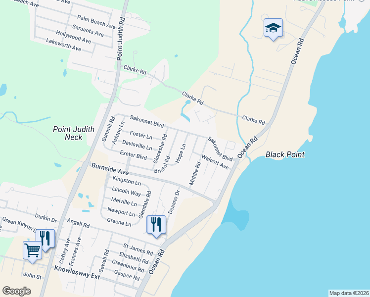map of restaurants, bars, coffee shops, grocery stores, and more near 19 Hope Lane in Narragansett