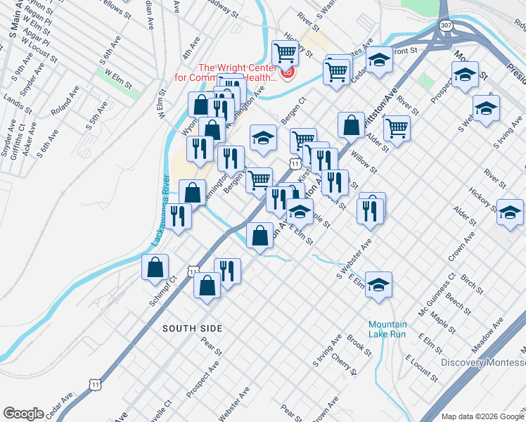 map of restaurants, bars, coffee shops, grocery stores, and more near in Scranton