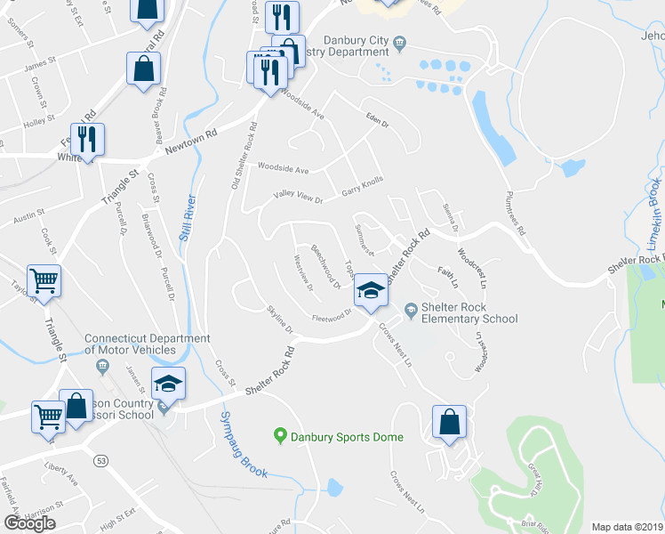 map of restaurants, bars, coffee shops, grocery stores, and more near 14 Beechwood Drive in Danbury