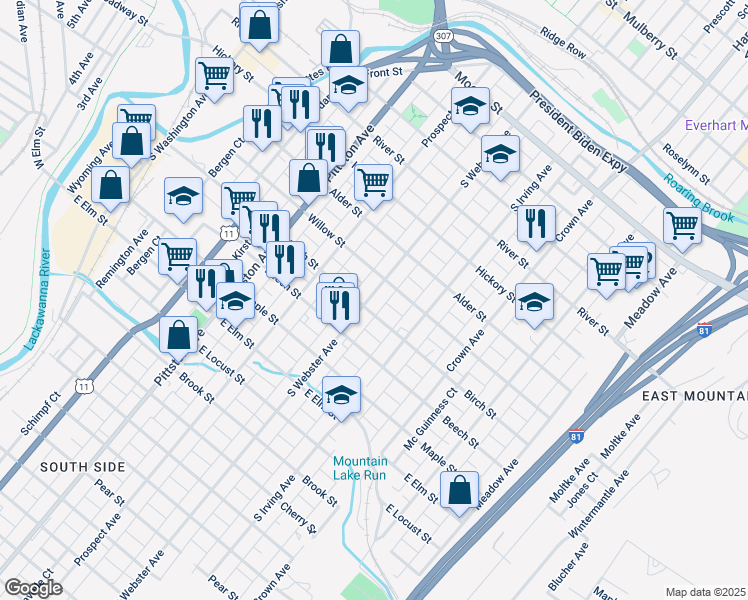 map of restaurants, bars, coffee shops, grocery stores, and more near 721 South Webster Avenue in Scranton
