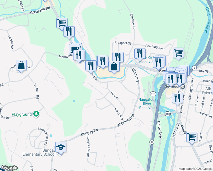 map of restaurants, bars, coffee shops, grocery stores, and more near 10 New Street in Seymour